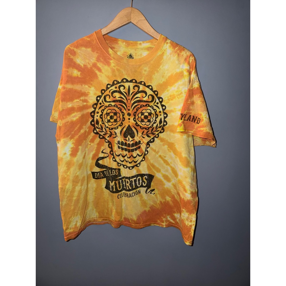 Disneyland Dia de los Muertos Skull Tie Dye T Shirt‎ Orange Yellow XL